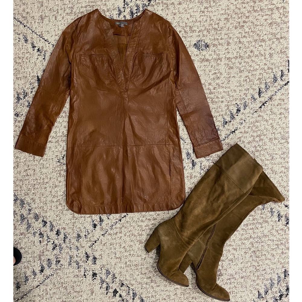 Vince Tan V Neck Leather Tunic Dress Shirt